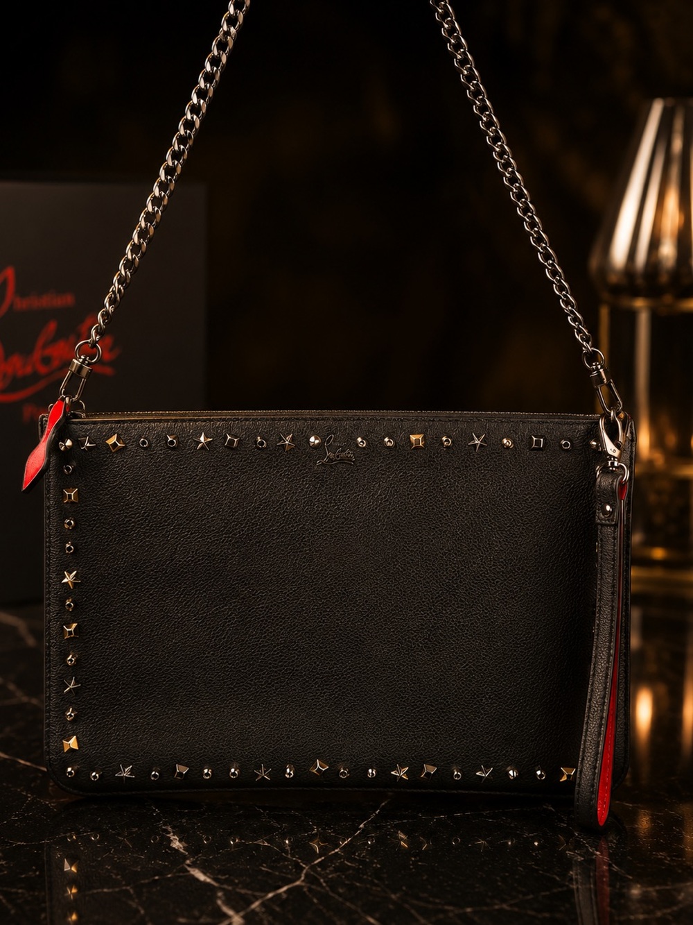 Christian Louboutin Studded Leather Wristlet Clutch Chain Pouch Black Red